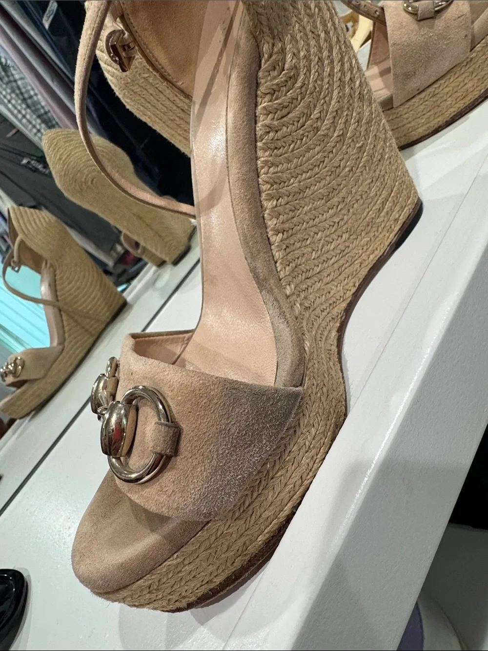 Gucci Tan Suede Wedge Sandals with Gold Horsebit